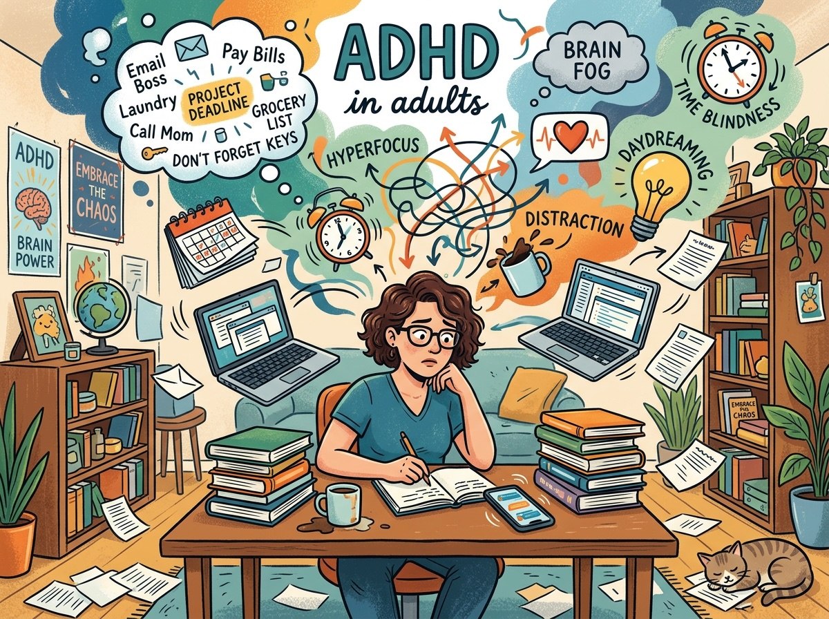An illustration of an adult with ADHD at a desk surrounded by everyday thoughts and demands - distraction, hyperfocus, time blindness and brain fog.